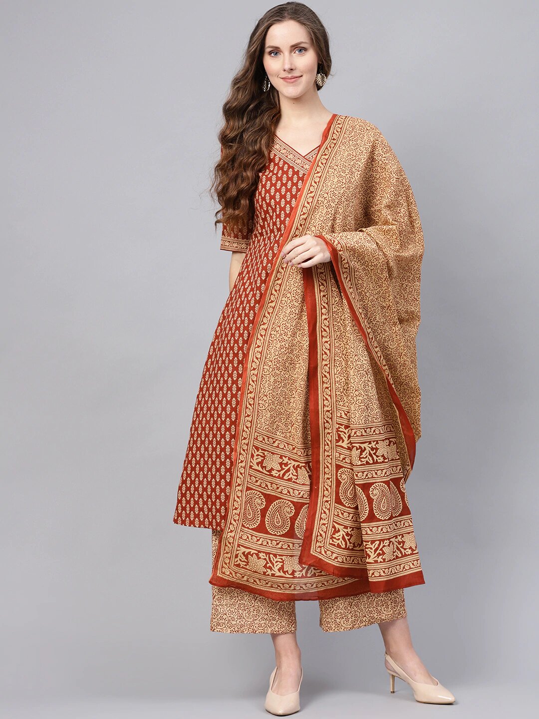 Beige Printed Anghrakha Kurta, Palazzos & Dupatta