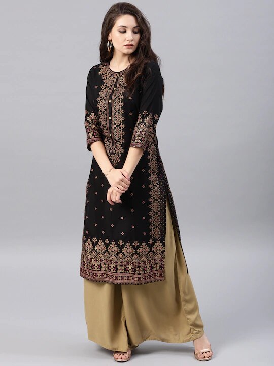 Women Black & Golden Printed Straight Kurta