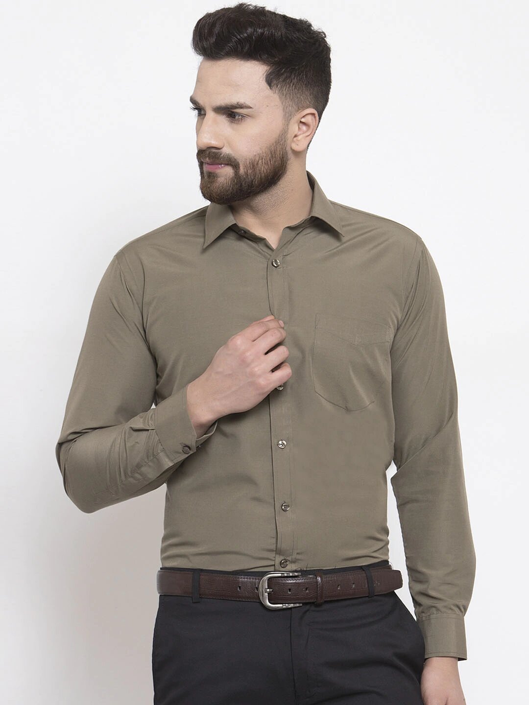 English Navy Men Olive Green Slim Fit Solid Formal Shirt