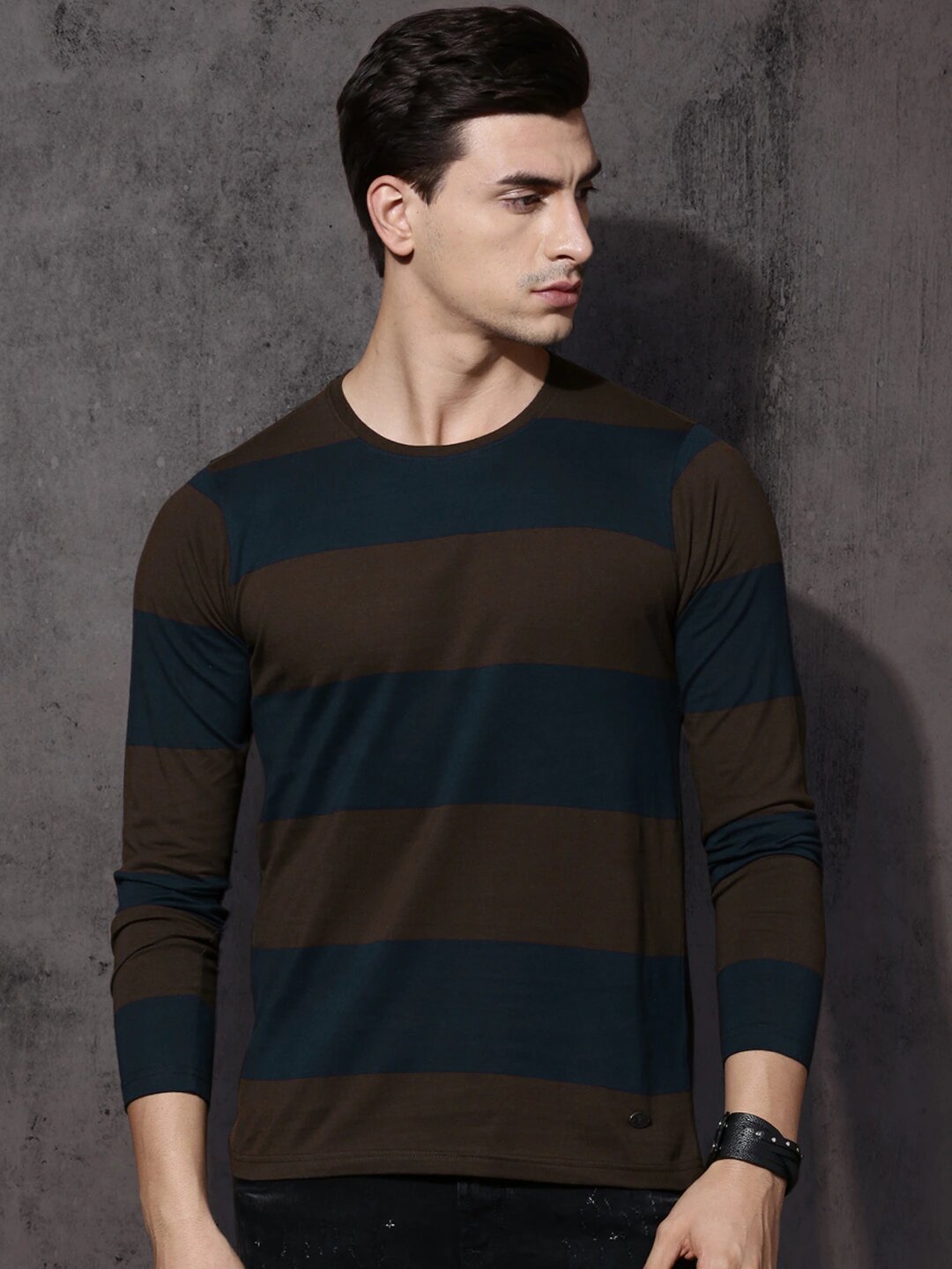 Men Brown Striped Round Neck T-shirt