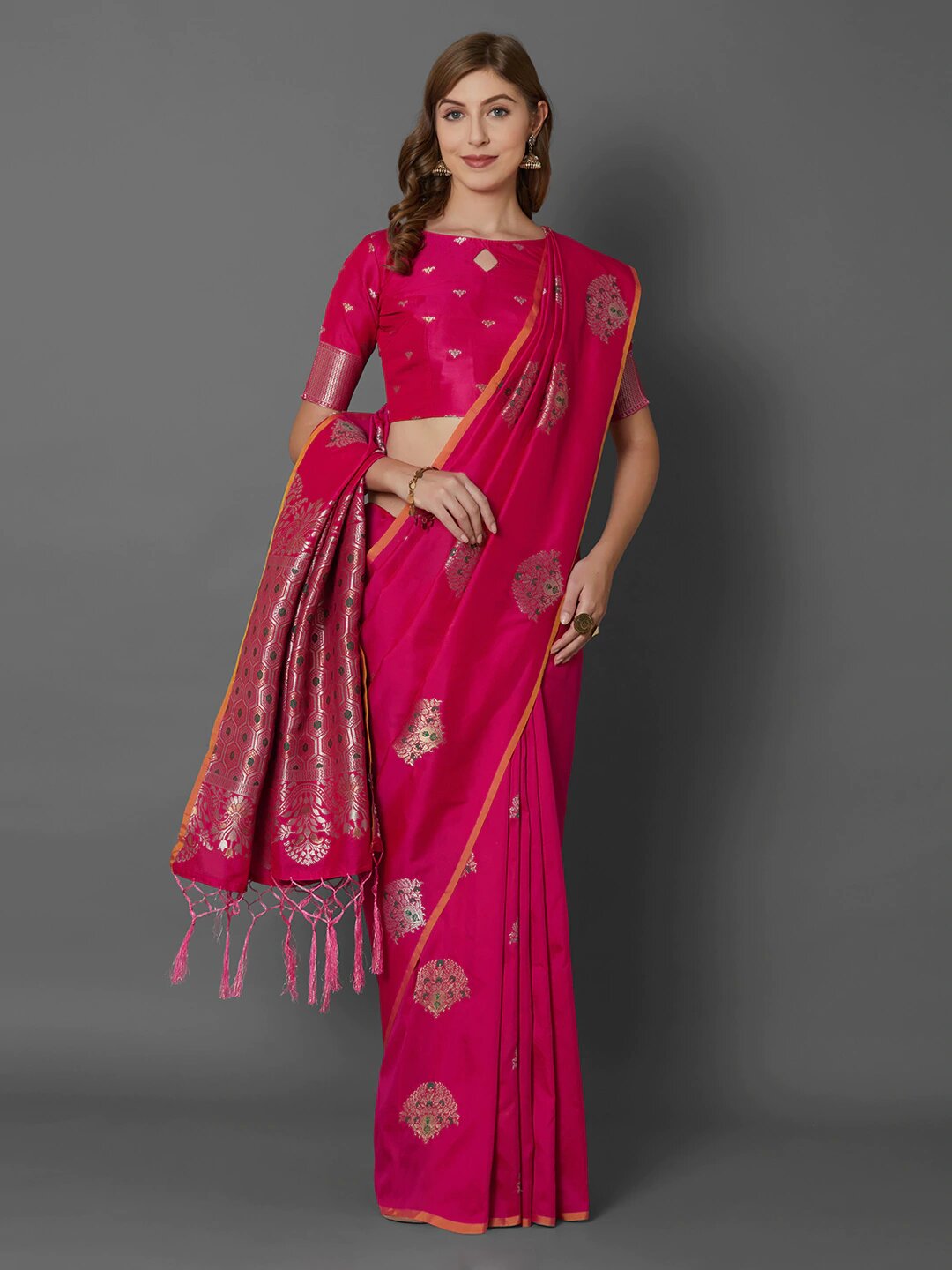 Pink & Gold-Coloured Silk Blend Woven Design Banarasi Saree