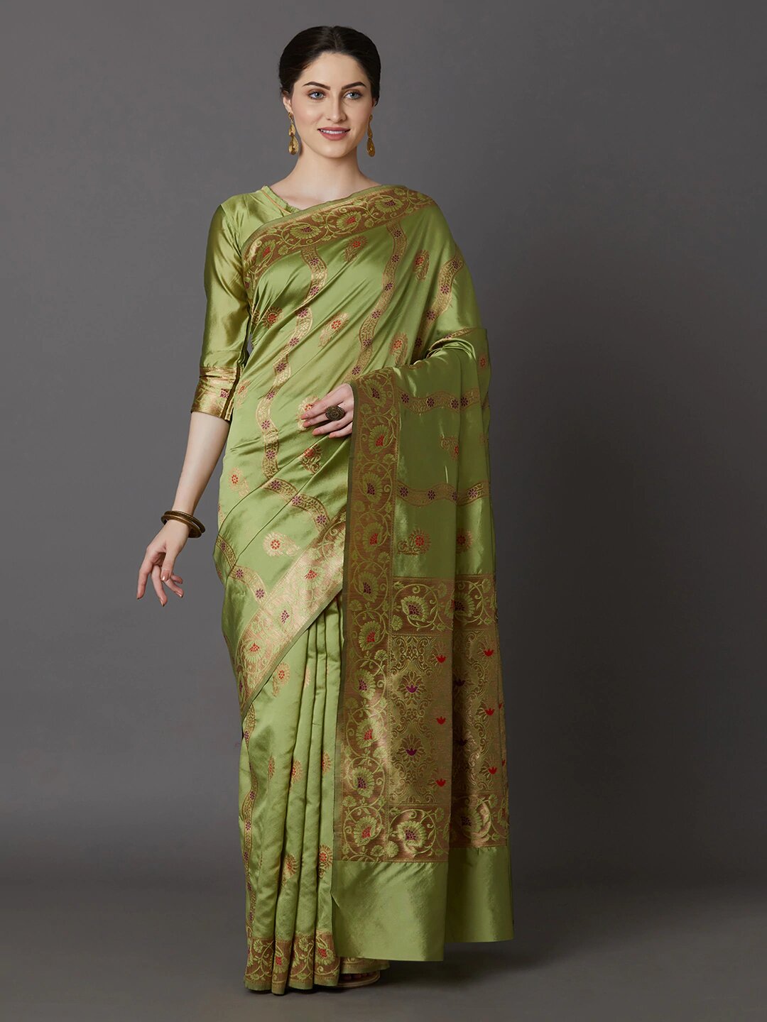 Olive Green Silk Blend Woven Design Kanjeevaram Saree